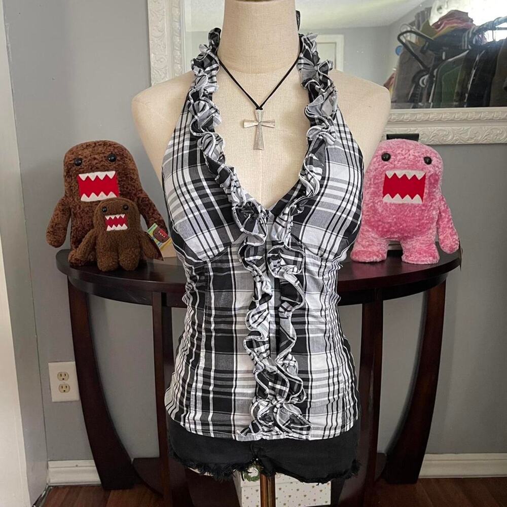 Plaid ruffled halter top